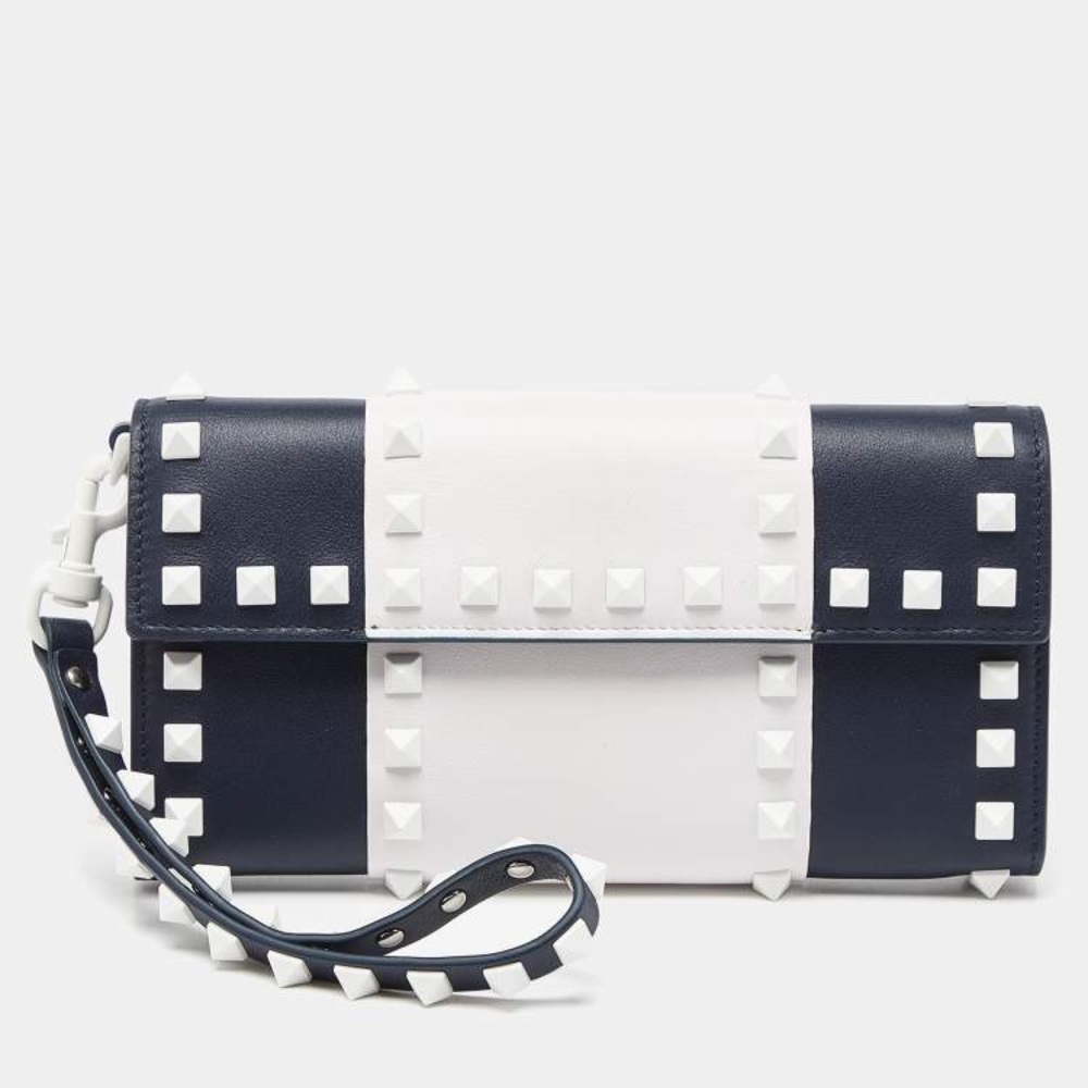 VALENTINO Blue/White Leather Rockstud Flap Wristlet Continental Wallet